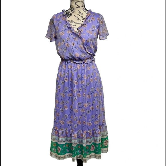 Lauren Conrad XS Flutter Sleeve Wrap Midi Dress Bouquet floral Prep Cottegecore - Picture 2 of 11